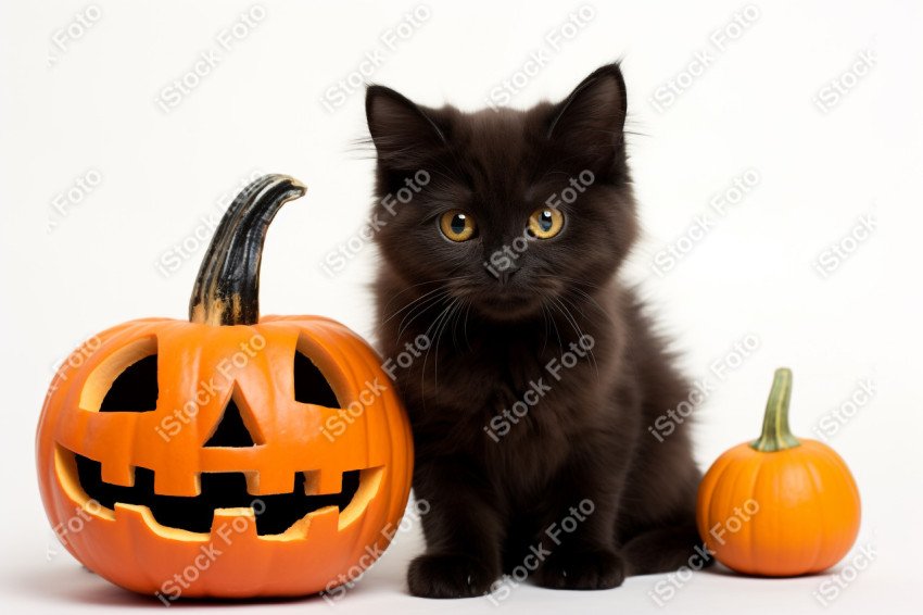 Adorable Black Cat in Halloween Costume with Evil Pumpkins