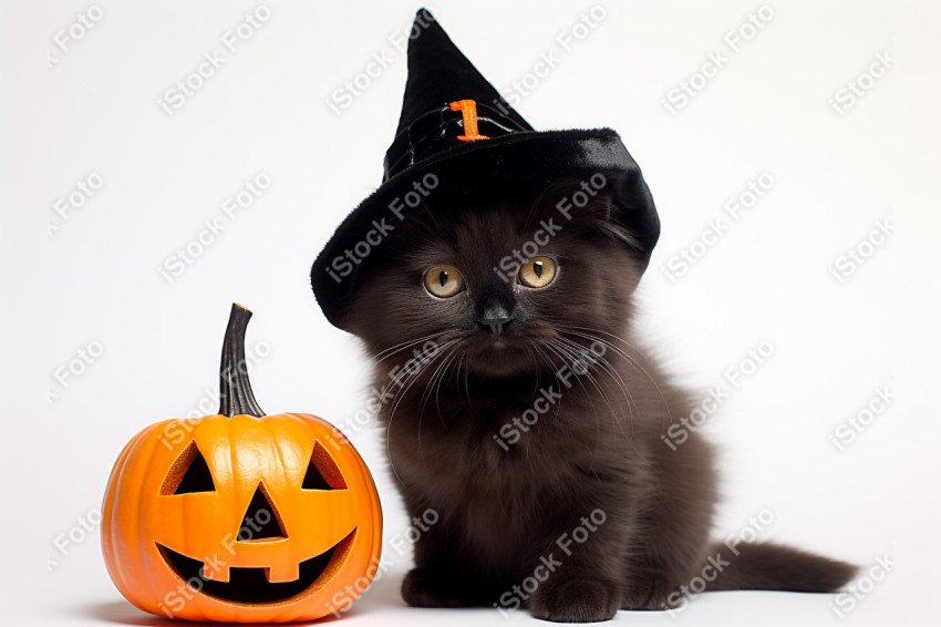 Adorable Black Cat in Halloween Costume with Evil Pumpkins