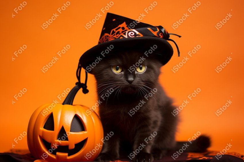 Adorable Black Cat in Halloween Costume with Evil Pumpkins