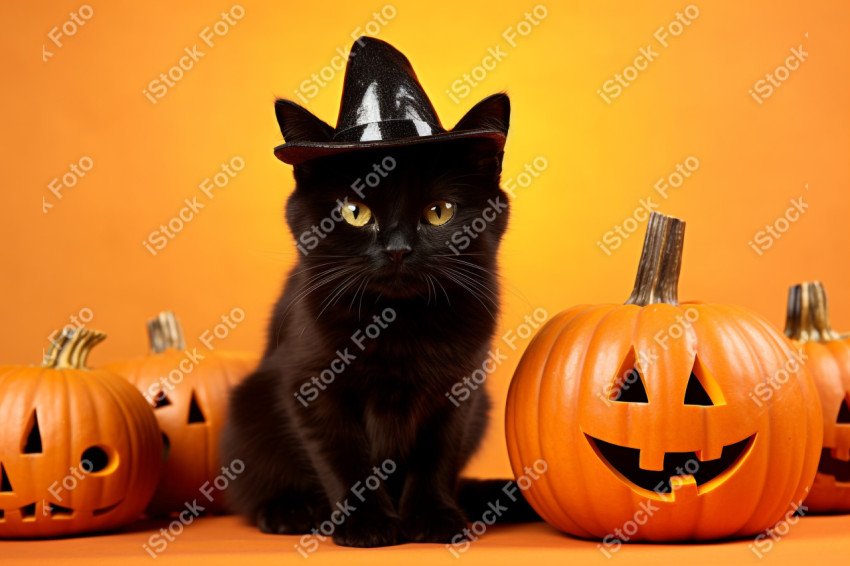 Adorable Black Cat in Halloween Costume with Evil Pumpkins