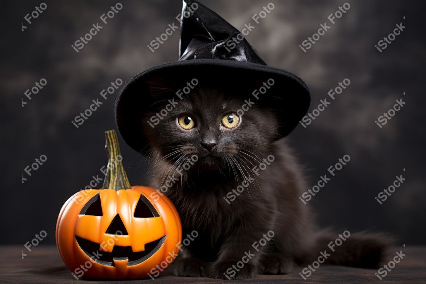 Adorable Black Cat in Halloween Costume with Evil Pumpkins