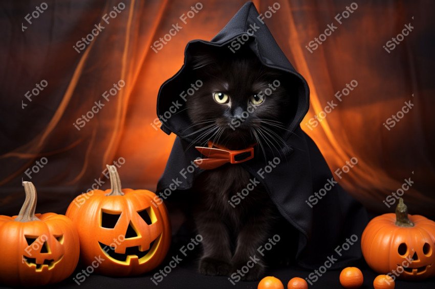 Adorable Black Cat in Halloween Costume with Evil Pumpkins