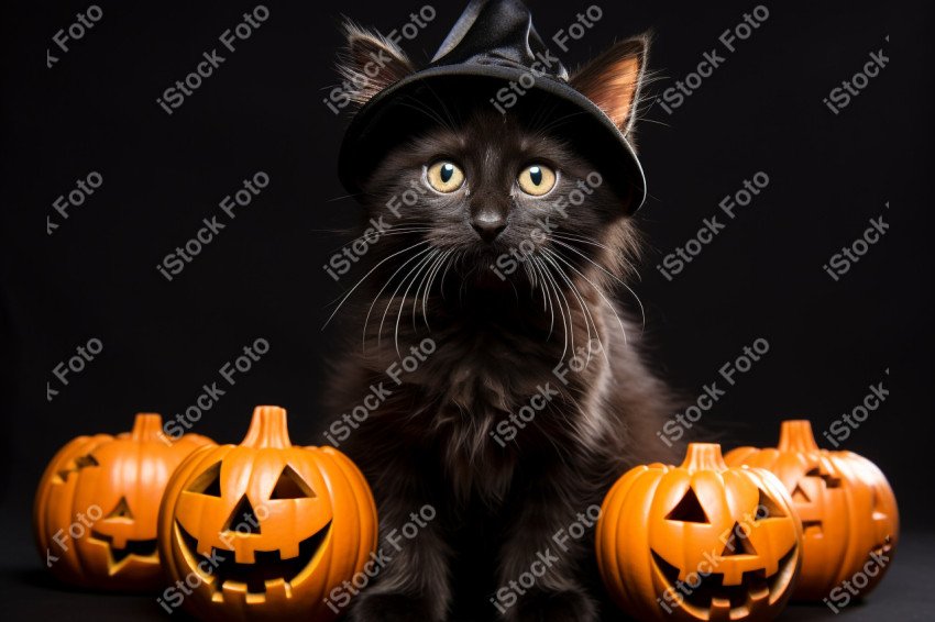 Adorable Black Cat in Halloween Costume with Evil Pumpkins