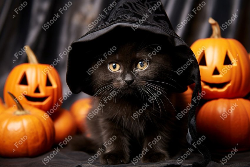 Adorable Black Cat in Halloween Costume with Evil Pumpkins