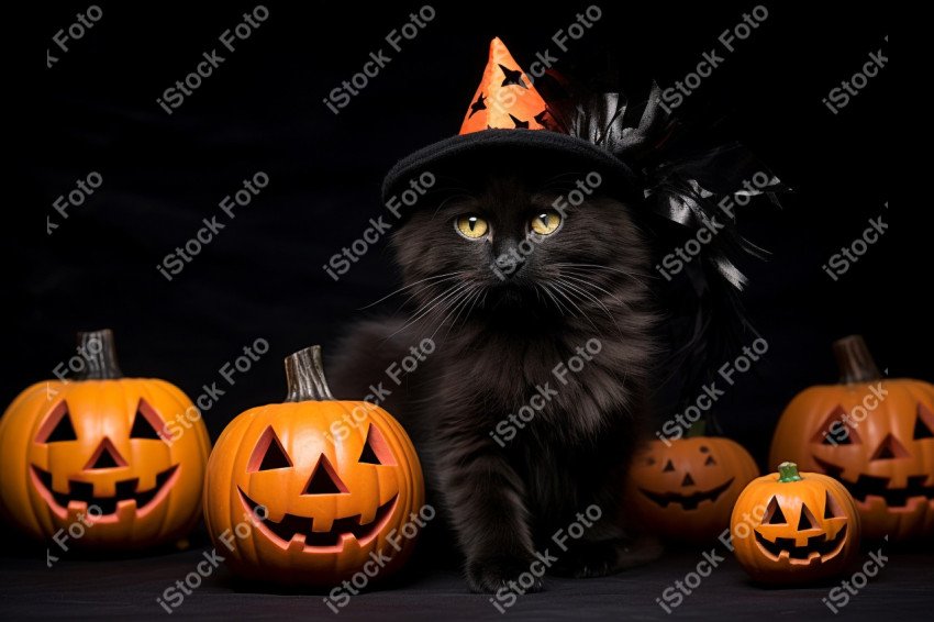 Adorable Black Cat in Halloween Costume with Evil Pumpkins