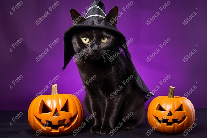 Adorable Black Cat in Halloween Costume with Evil Pumpkins