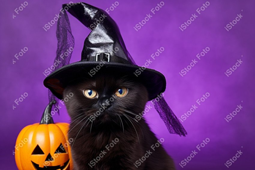 Adorable Black Cat in Halloween Costume with Evil Pumpkins