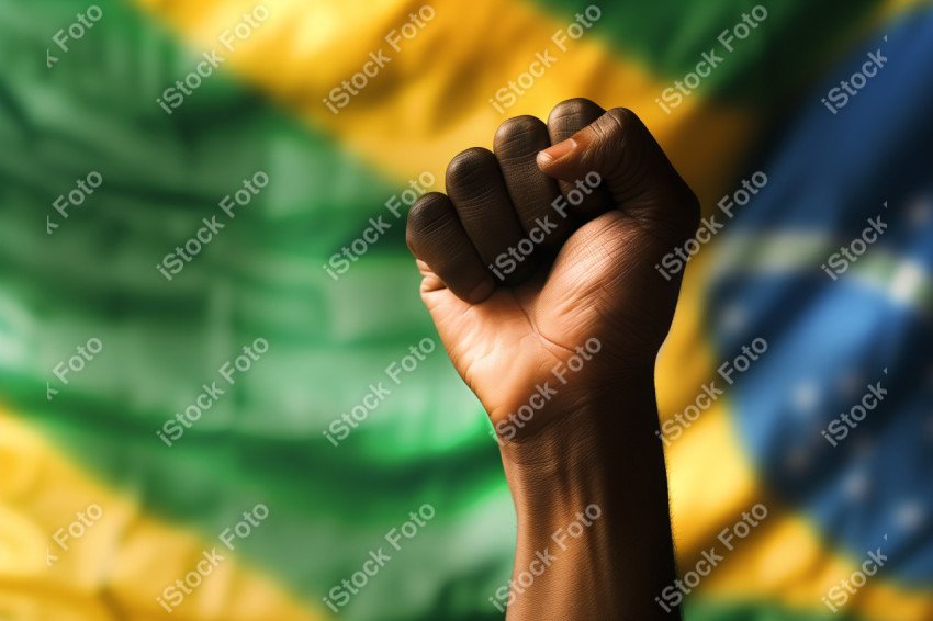 Uma imagem poderosa com um punho preto levantado ao fundo a bandeira do brasil, Gerado com IA (20)