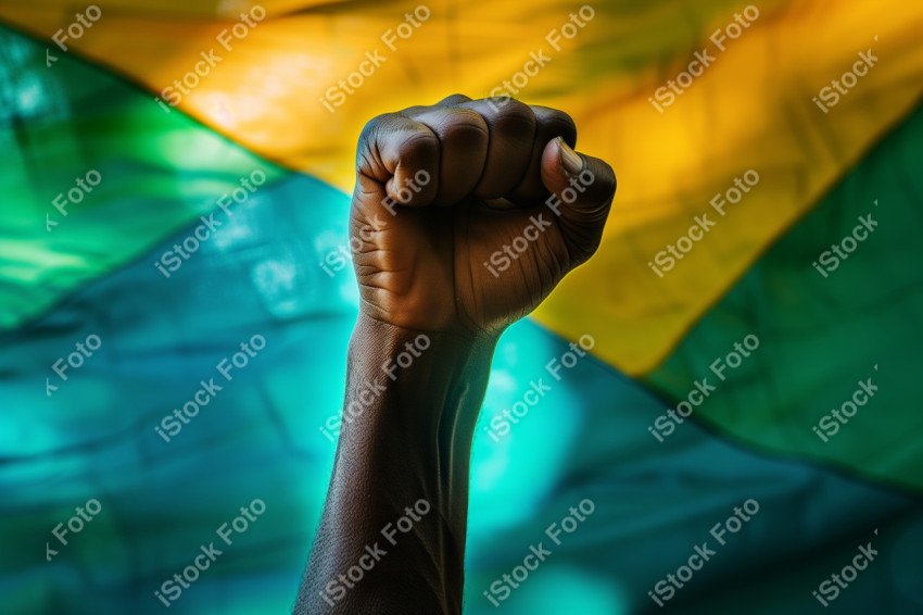 Uma imagem poderosa com um punho preto levantado ao fundo a bandeira do brasil, Gerado com IA (17)