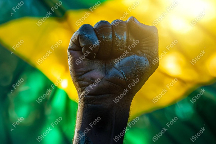 Uma imagem poderosa com um punho preto levantado ao fundo a bandeira do brasil, Gerado com IA (18)