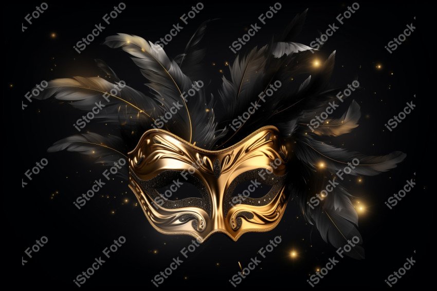 Máscara de carnaval de luxo, foto realista com penas de pó de ouro e efeitos de luz, gerado com IA (5)