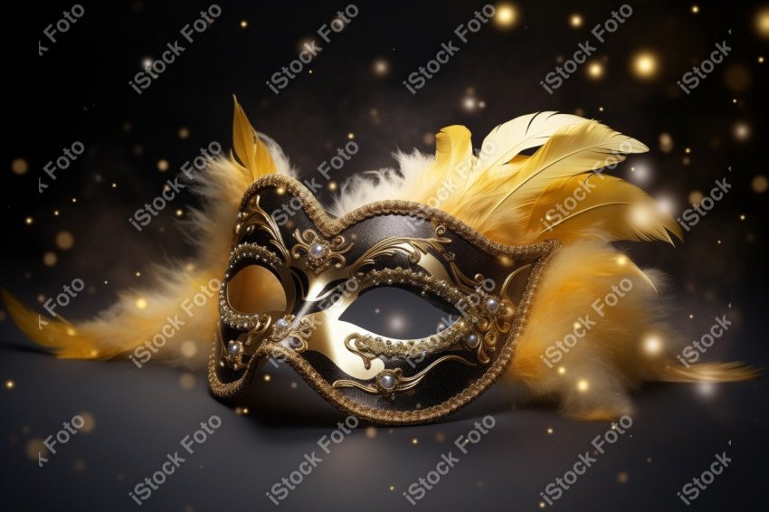 Máscara de carnaval de luxo, foto realista com penas de pó de ouro e efeitos de luz, gerado com IA (1)