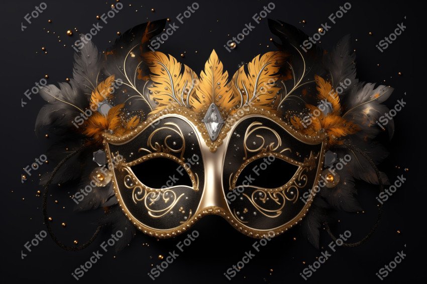 Máscara de carnaval de luxo, foto realista com penas de pó de ouro e efeitos de luz, gerado com IA (6)