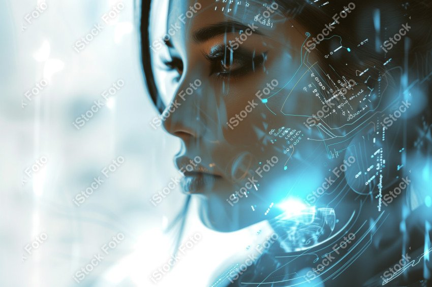 Retrato de uma mulher android futurista com sobreposição de dados de tecnologia avançada (5)