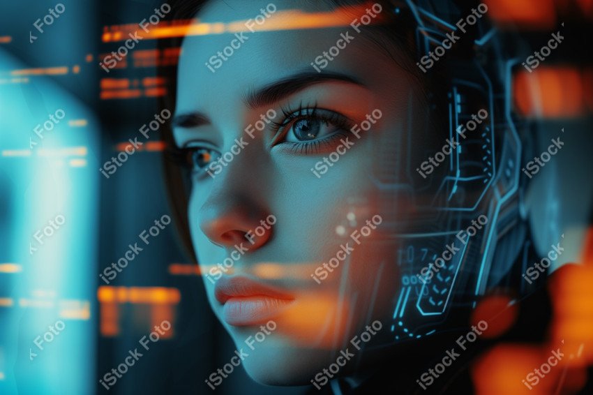 Retrato de uma mulher android futurista com sobreposição de dados de tecnologia avançada (16)