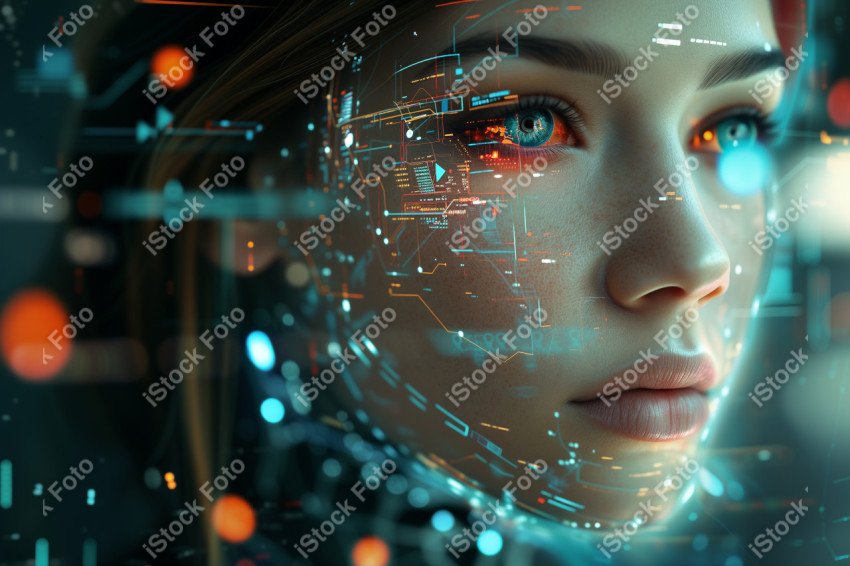 Retrato de uma mulher android futurista com sobreposição de dados de tecnologia avançada (1)