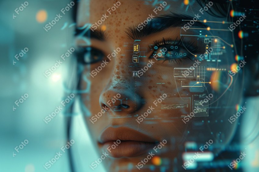 Retrato de uma mulher android futurista com sobreposição de dados de tecnologia avançada (7)