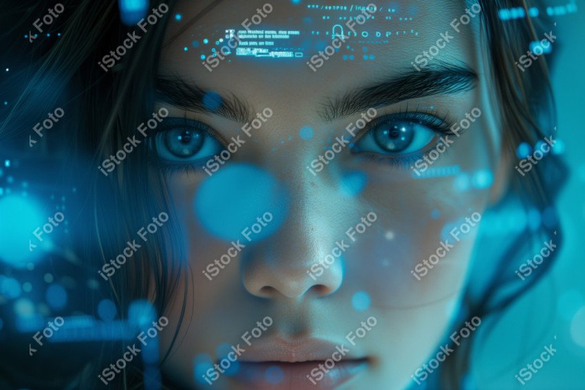 Retrato de uma mulher android futurista com sobreposição de dados de tecnologia avançada (9)