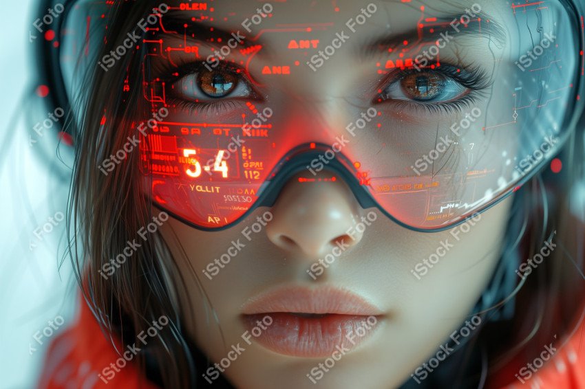 Retrato de uma mulher android futurista com sobreposição de dados de tecnologia avançada (10)