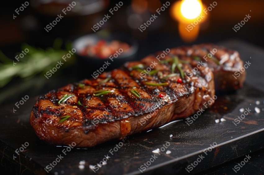 Fatias suculentas de churrasco, sobre uma mesa