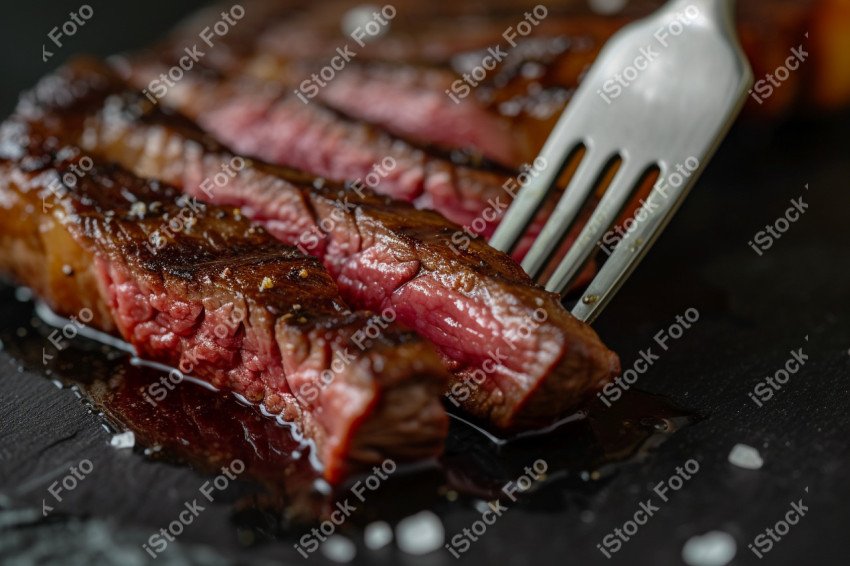 Fatias suculentas de churrasco, sobre um fundo preto de mármore