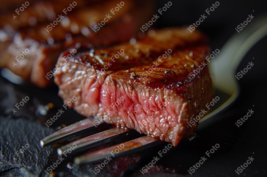 Fatias suculentas de churrasco, sobre um fundo preto de mármore