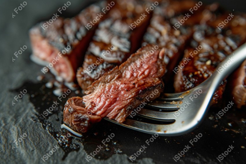 Fatias suculentas de churrasco, sobre um fundo preto de mármore