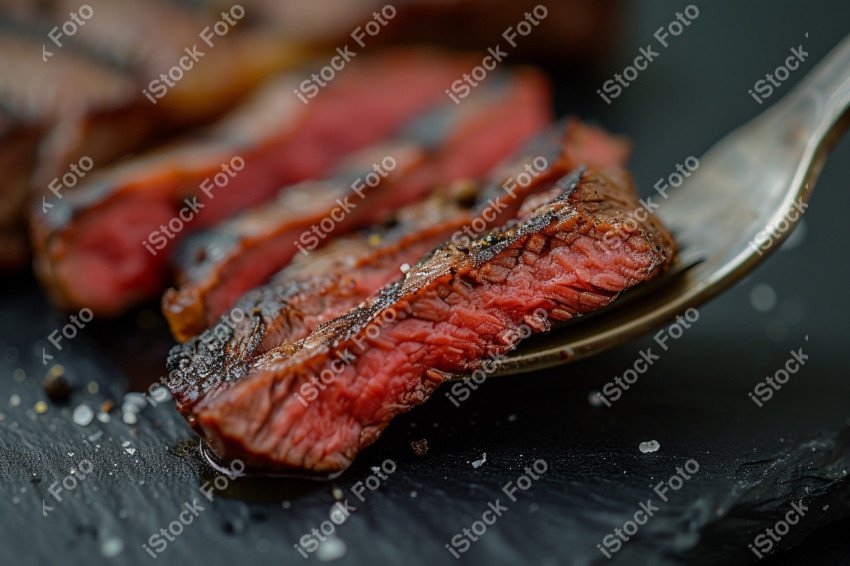 Fatias suculentas de churrasco, sobre um fundo preto de mármore