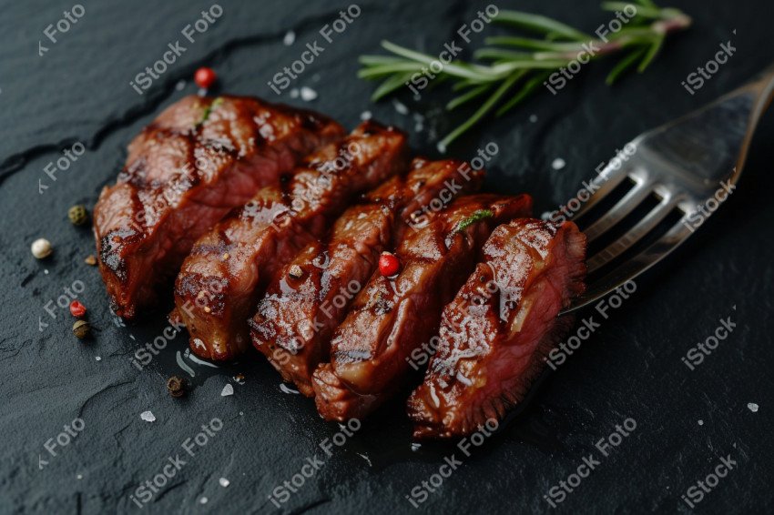 Fatias suculentas de churrasco, sobre um fundo preto de mármore