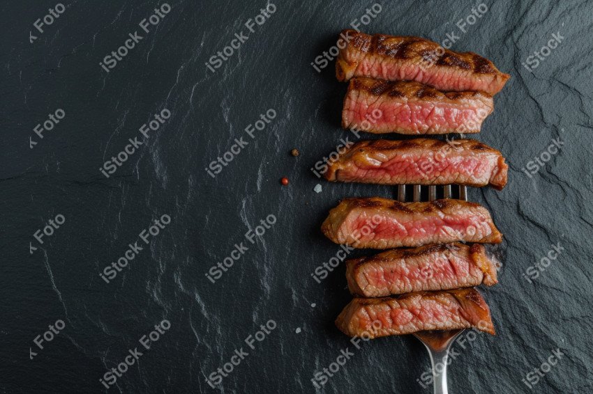 Fatias suculentas de churrasco, sobre um fundo preto de mármore