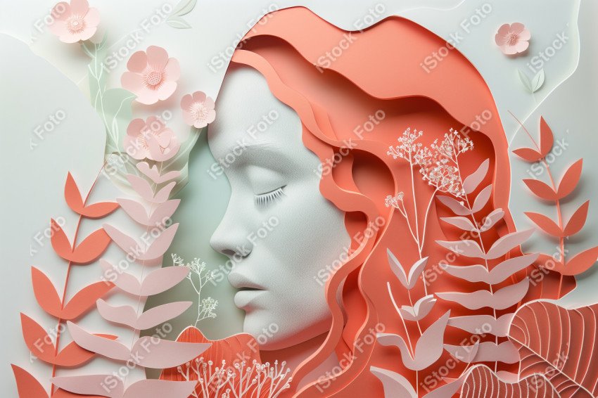 Ilustração conceito de estilo de papel do Dia Internacional da Mulher em estilo naturalista, rosa claro (12)