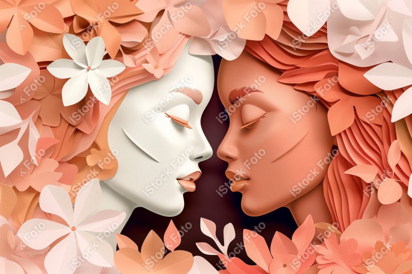 Ilustração conceito de estilo de papel do Dia Internacional da Mulher em estilo naturalista, rosa claro (11)