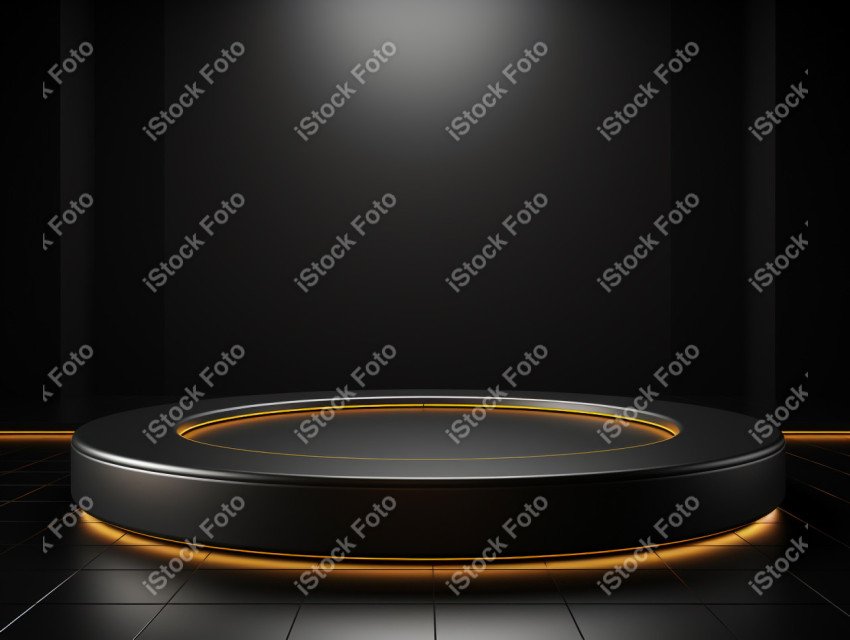 Neon Light round podium and black background for mock up, Black