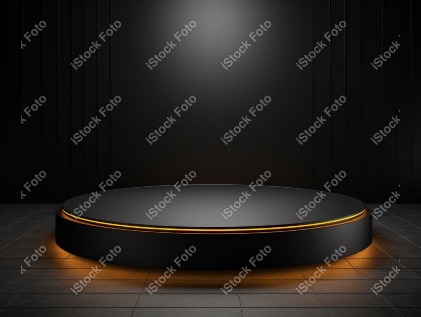 Neon Light round podium and black background for mock up, Black