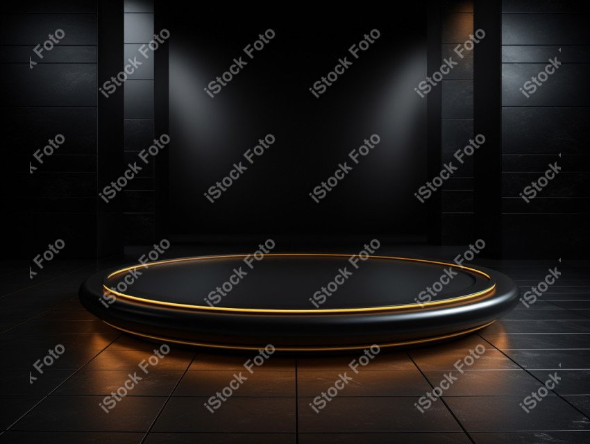 Neon Light round podium and black background for mock up, Black