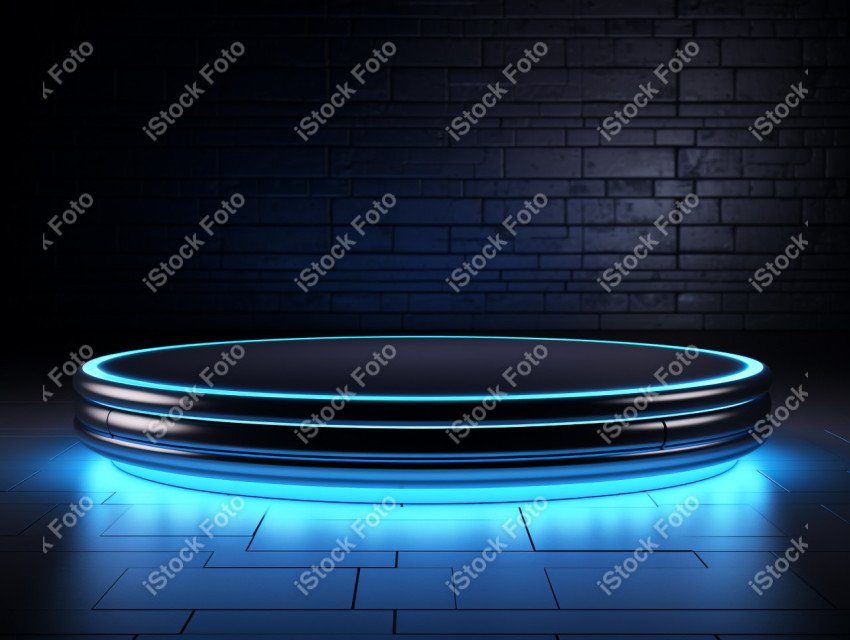 Neon Blue light round podium and black background for mock up, B