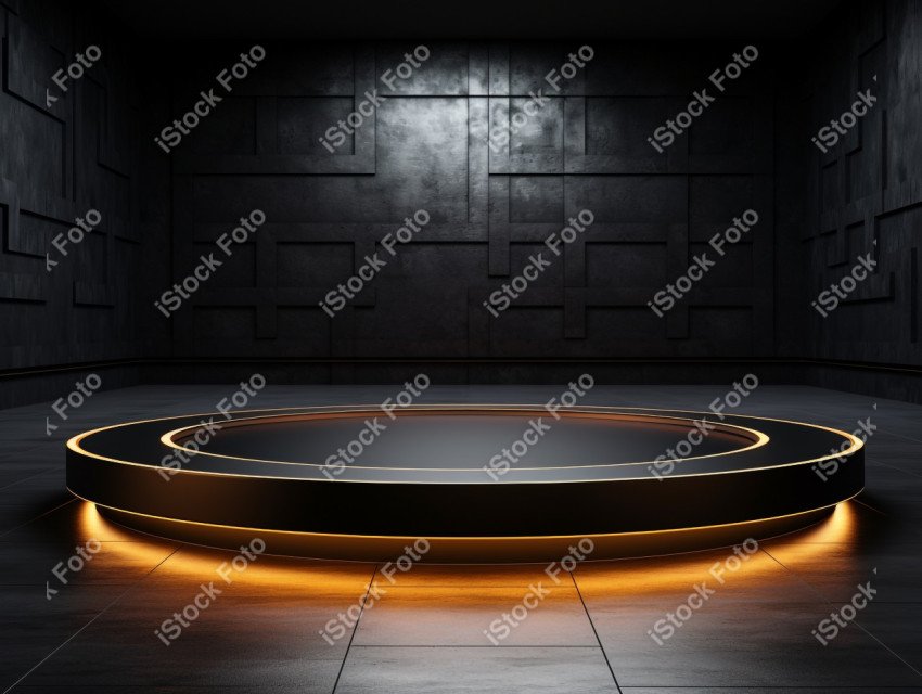 Neon Light round podium and black background for mock up, Black