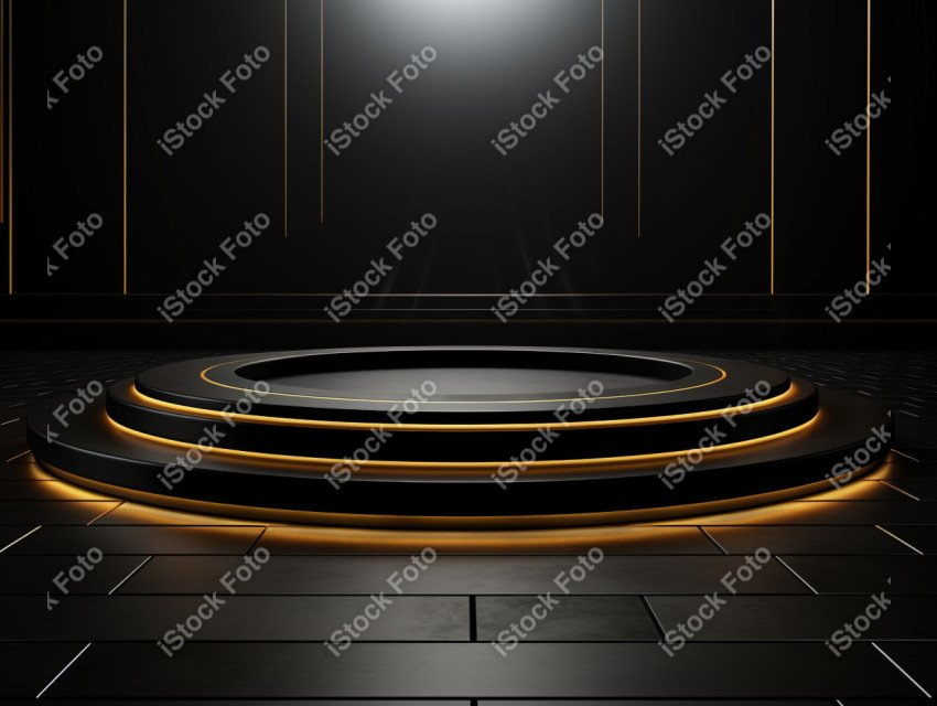 Neon Light round podium and black background for mock up, Black