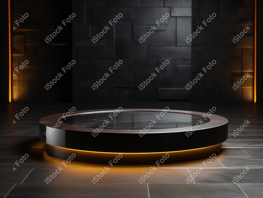 Neon Light round podium and black background for mock up, Black