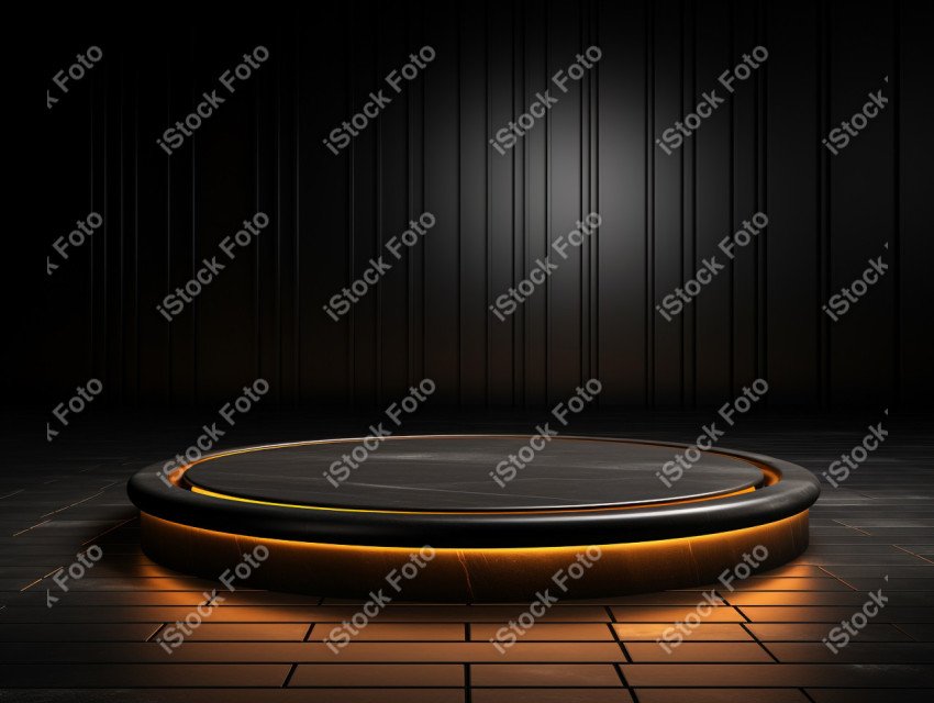 Neon Light round podium and black background for mock up, Black