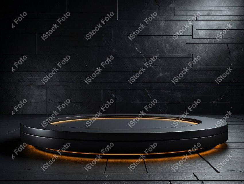 Neon Light round podium and black background for mock up, Black