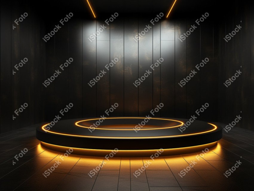 Neon Light round podium and black background for mock up, Black