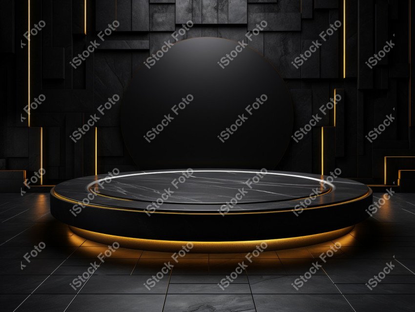 Neon Light round podium and black background for mock up, Black