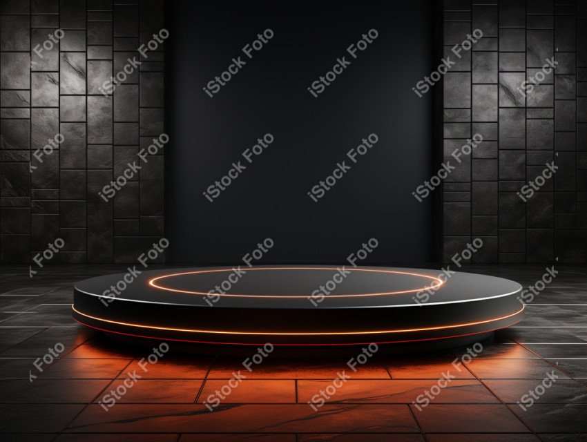 Neon Light round podium and black background for mock up, Black