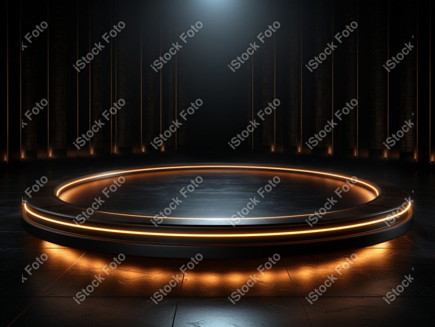 Neon Light round podium and black background for mock up, Black