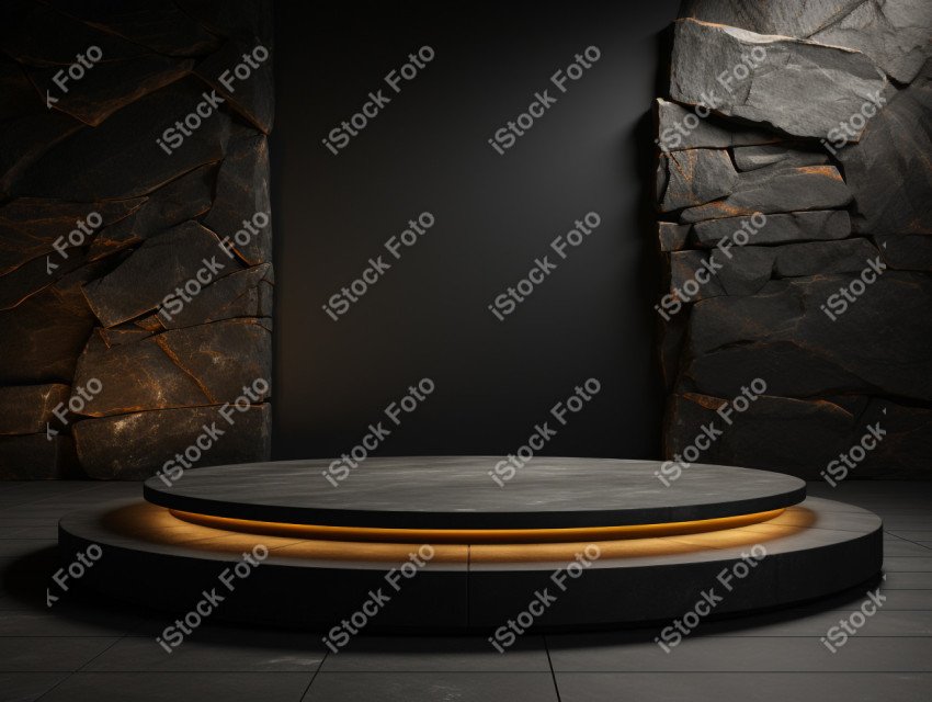 Neon Light round podium and black background for mock up, Black