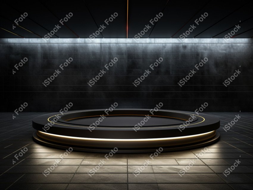 Neon Light round podium and black background for mock up, Black