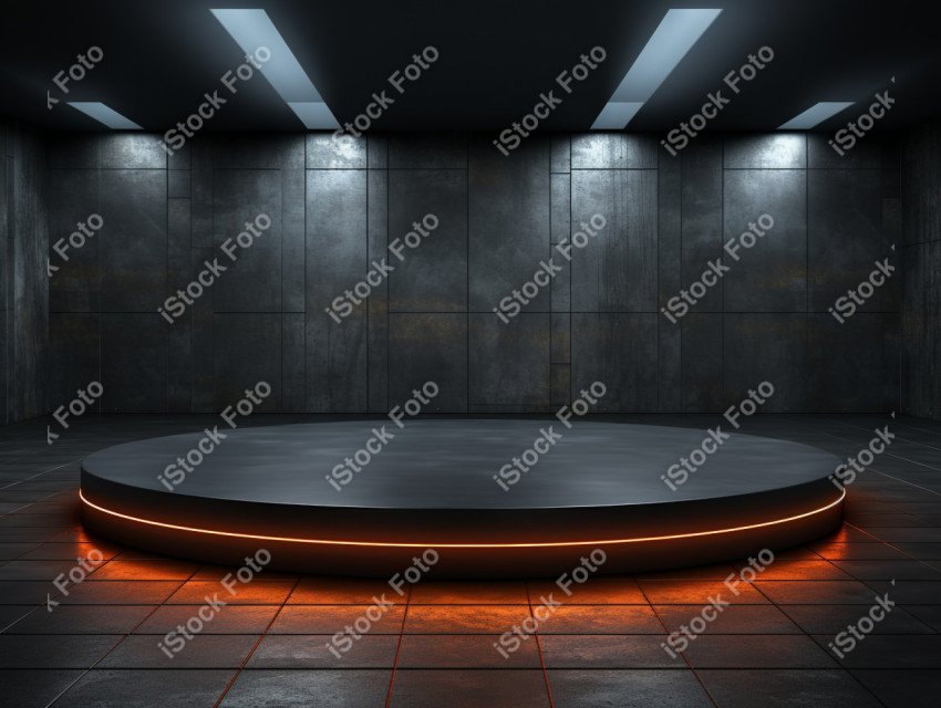 Neon Light round podium and black background for mock up, Black