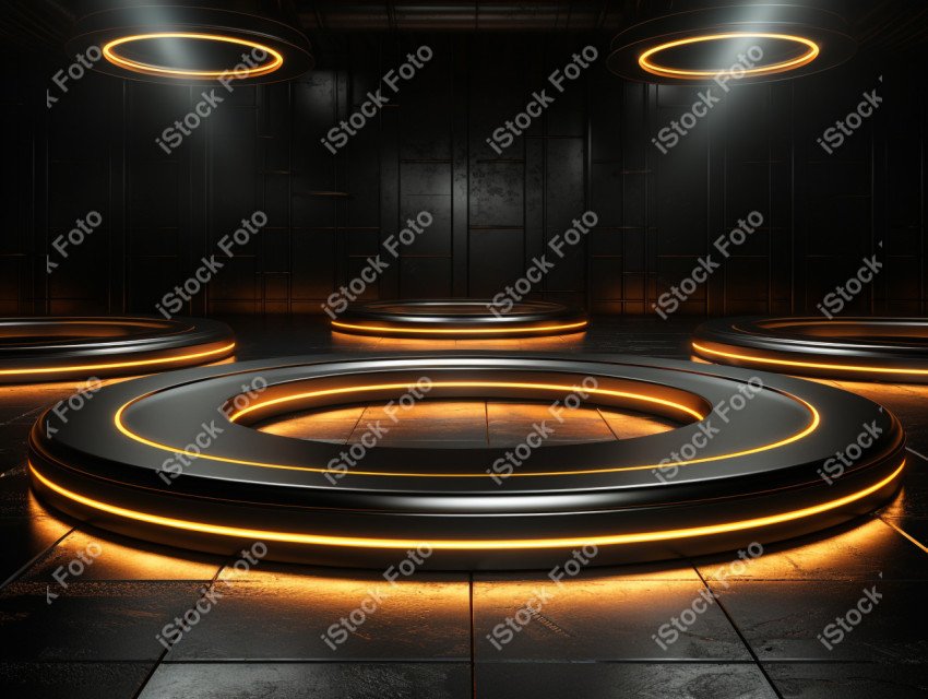 Neon Light round podium and black background for mock up, Black