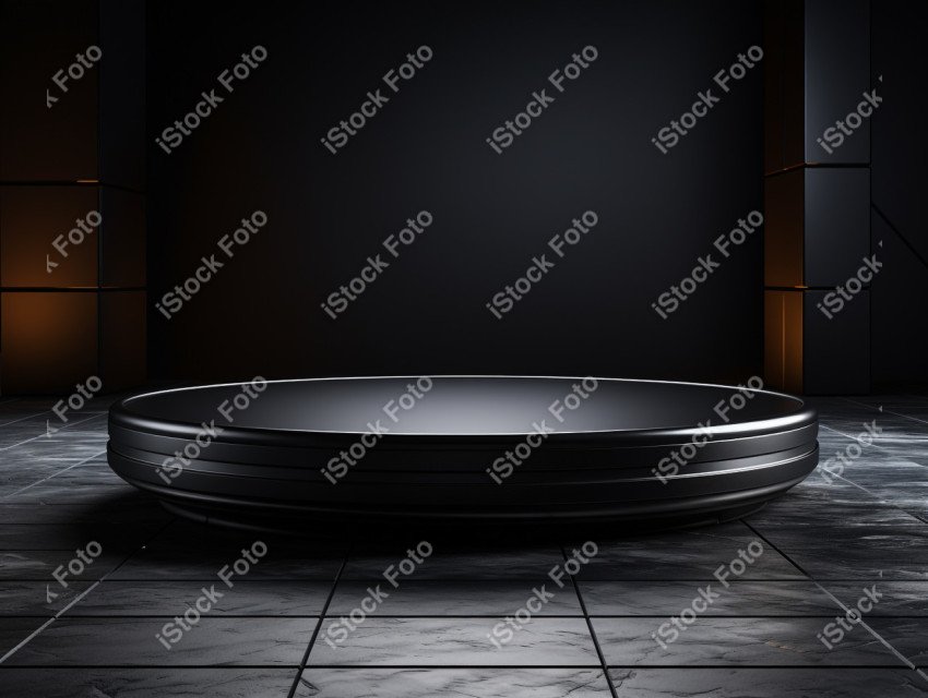 Neon Light round podium and black background for mock up, Black